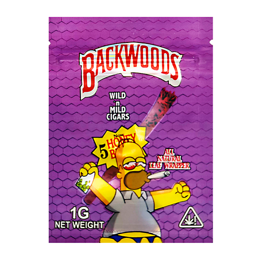 Mylar Bag Backwoods wild mild cigars packaging with a cartoon character on a purple background