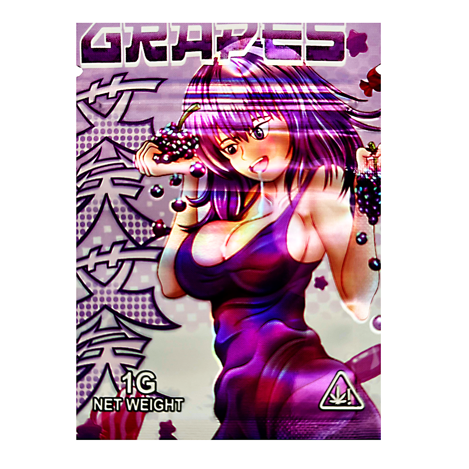 Mylar Bag Drug packaging with a stylized character and 'Grapes' text on a white background