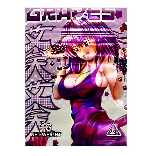 Mylar Bag Drug packaging with a stylized character and 'Grapes' text on a white background