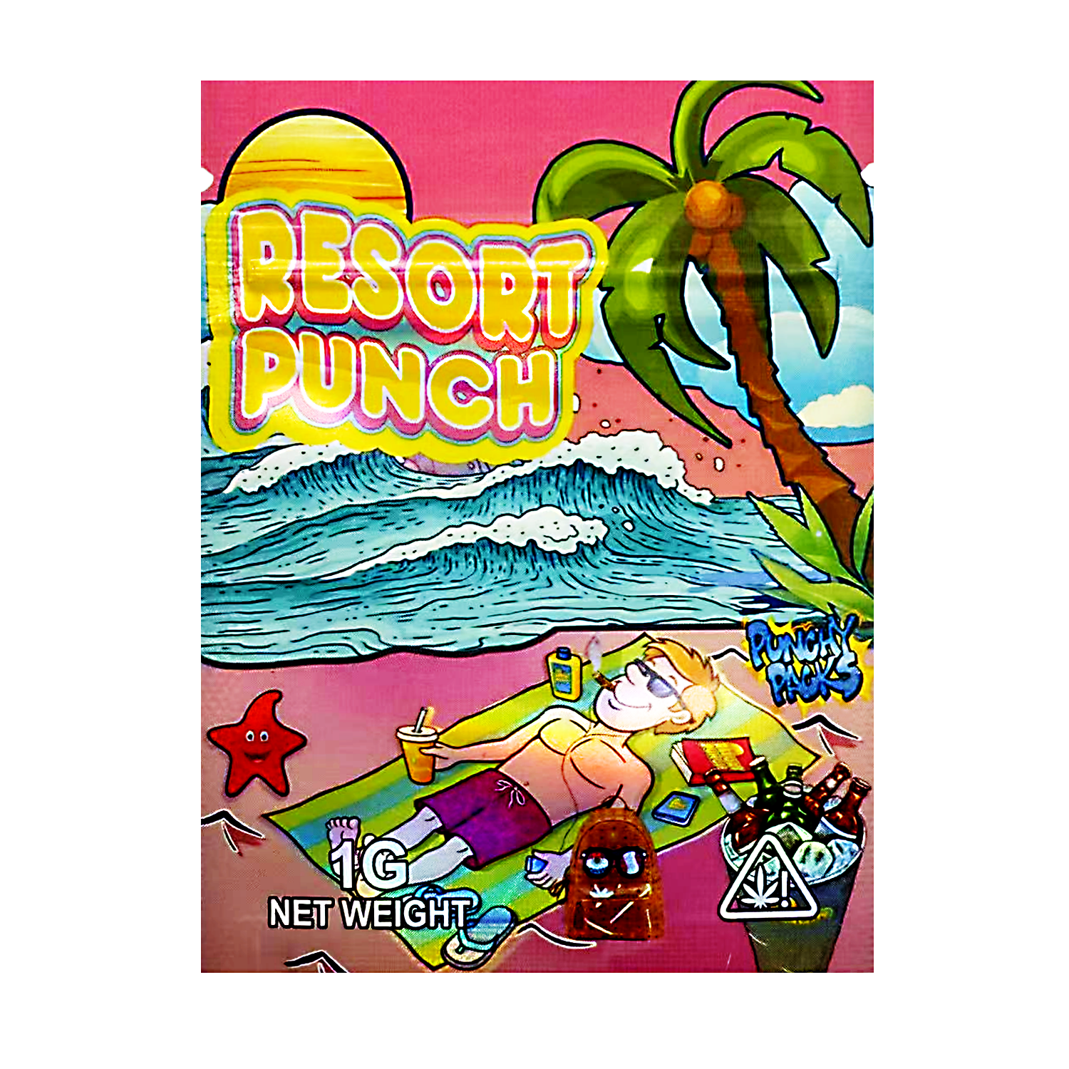Mylar Bag Packaging for 'Resort Punch' with beach scene illustration and palm tree.
