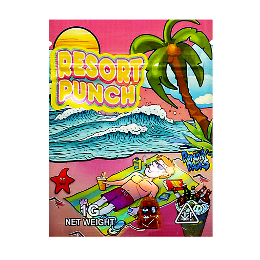 Mylar Bag Packaging for 'Resort Punch' with beach scene illustration and palm tree.