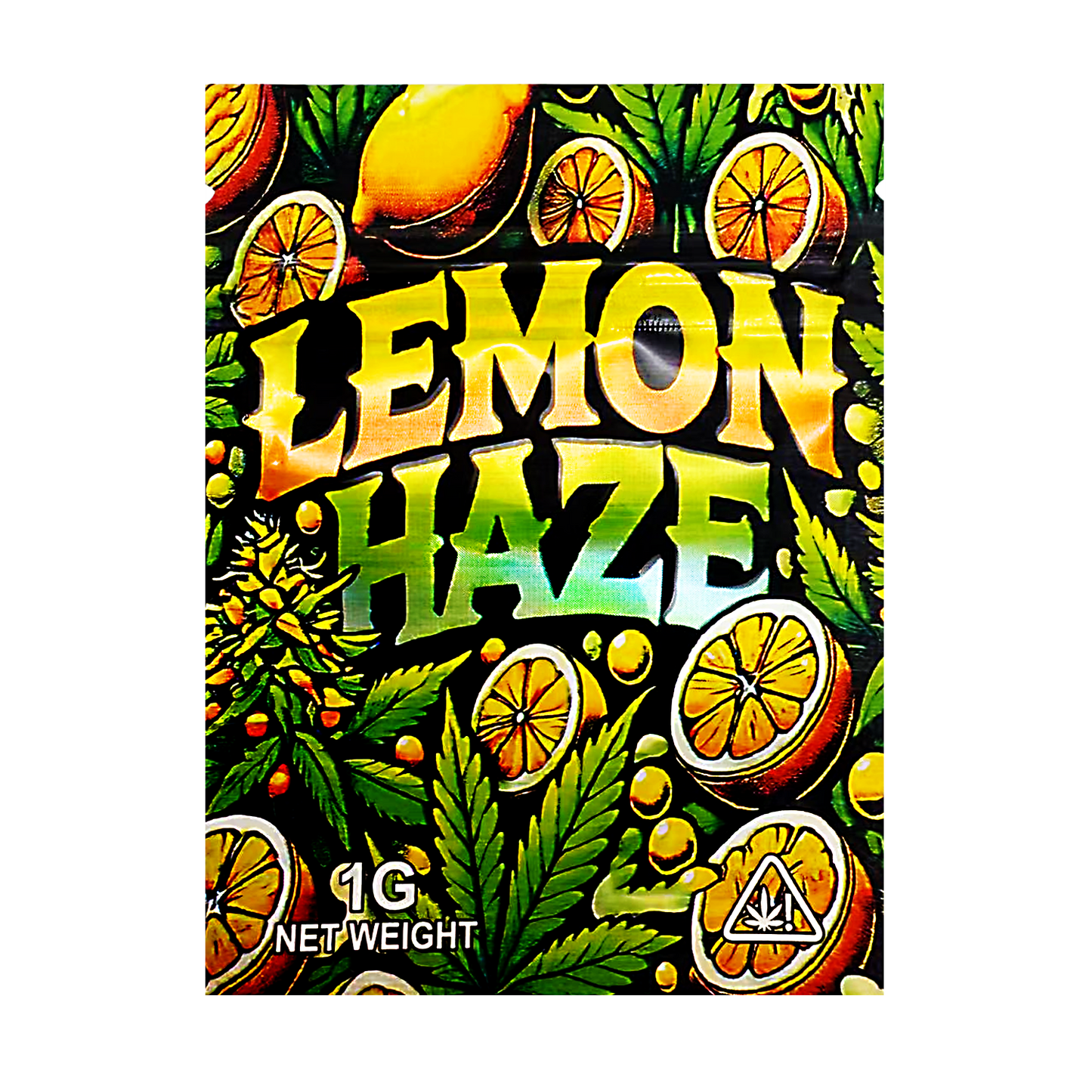 Mylar Bag Lemon Haze product packaging with lemon slices and cannabis leaves on a colorful background