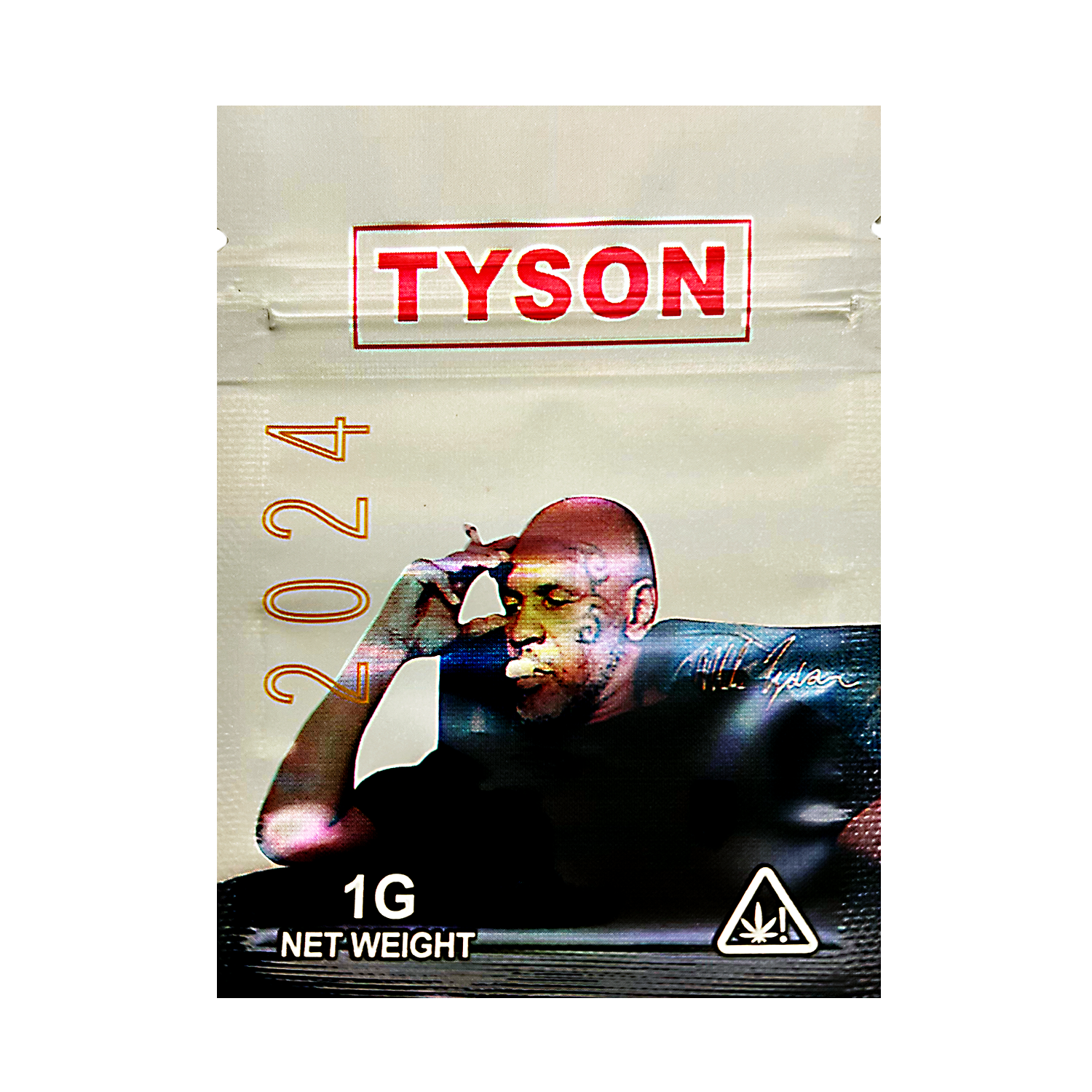 Mylar Bag Tyson product packaging with a person's face and '2024' text on a white background