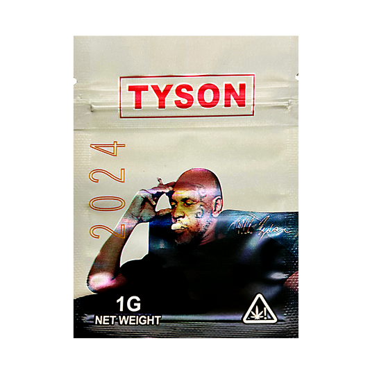 Mylar Bag Tyson product packaging with a person's face and '2024' text on a white background