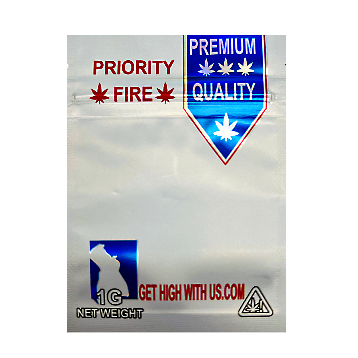 Mylar Bag Drug packaging with 'Priority Fire', 'Premium Quality', and 'Get High With Us' text on a white background.