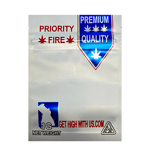 Mylar Bag Drug packaging with 'Priority Fire', 'Premium Quality', and 'Get High With Us' text on a white background.