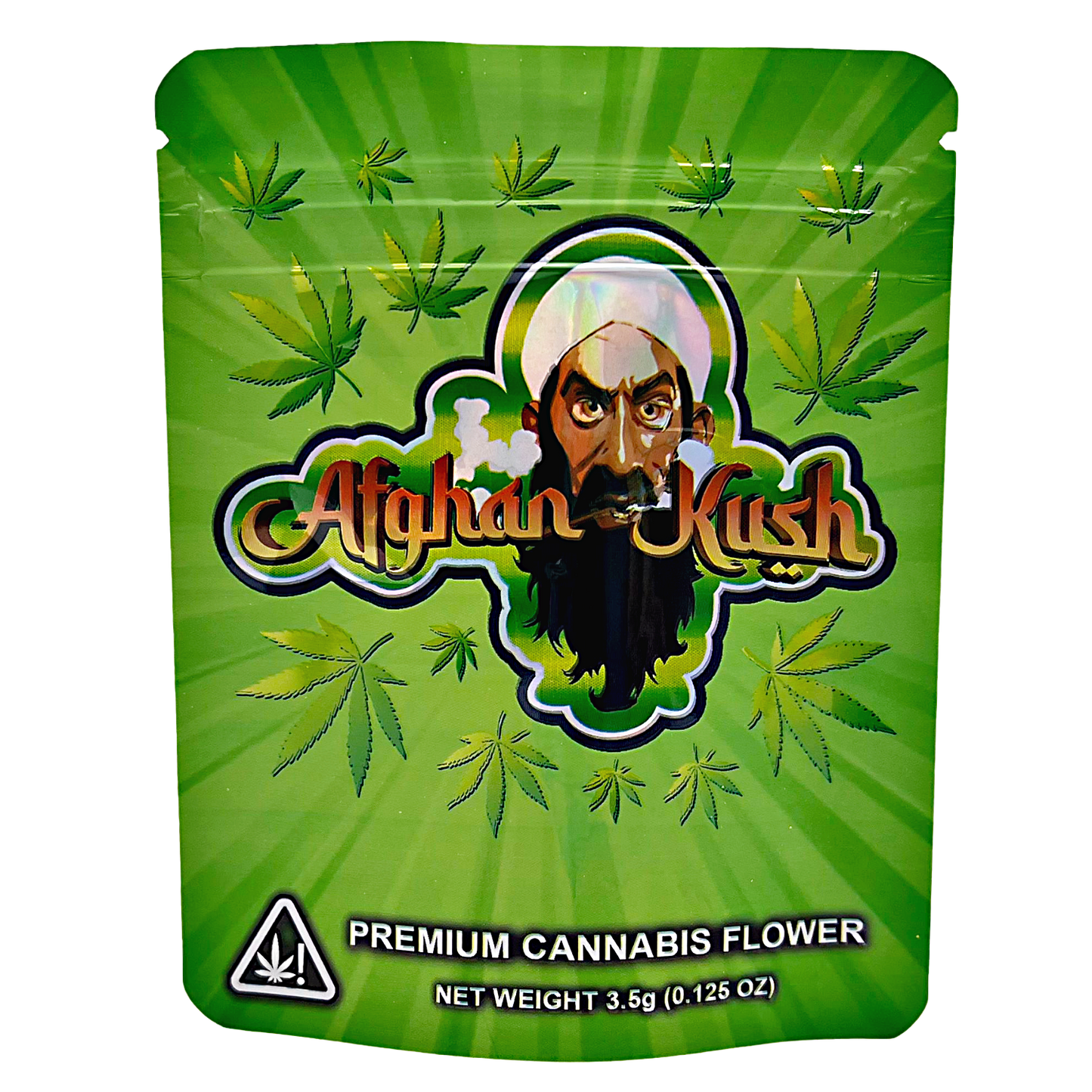 3.5G Mylar Bags, Cannabis Mylar Bags, Where to buy mylar bags, Custom mylar bags near me, Mylar Bags Wholesale. Green packaging of Afghan Kush premium cannabis flower with brand logo and leaf designs.