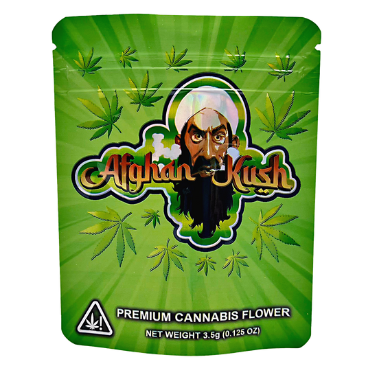 3.5G Mylar Bags, herb Mylar Bags, Where to buy mylar bags, Custom mylar bags near me, Mylar Bags Wholesale. Green packaging of Afghan Kush premium herb flower with brand logo and leaf designs.