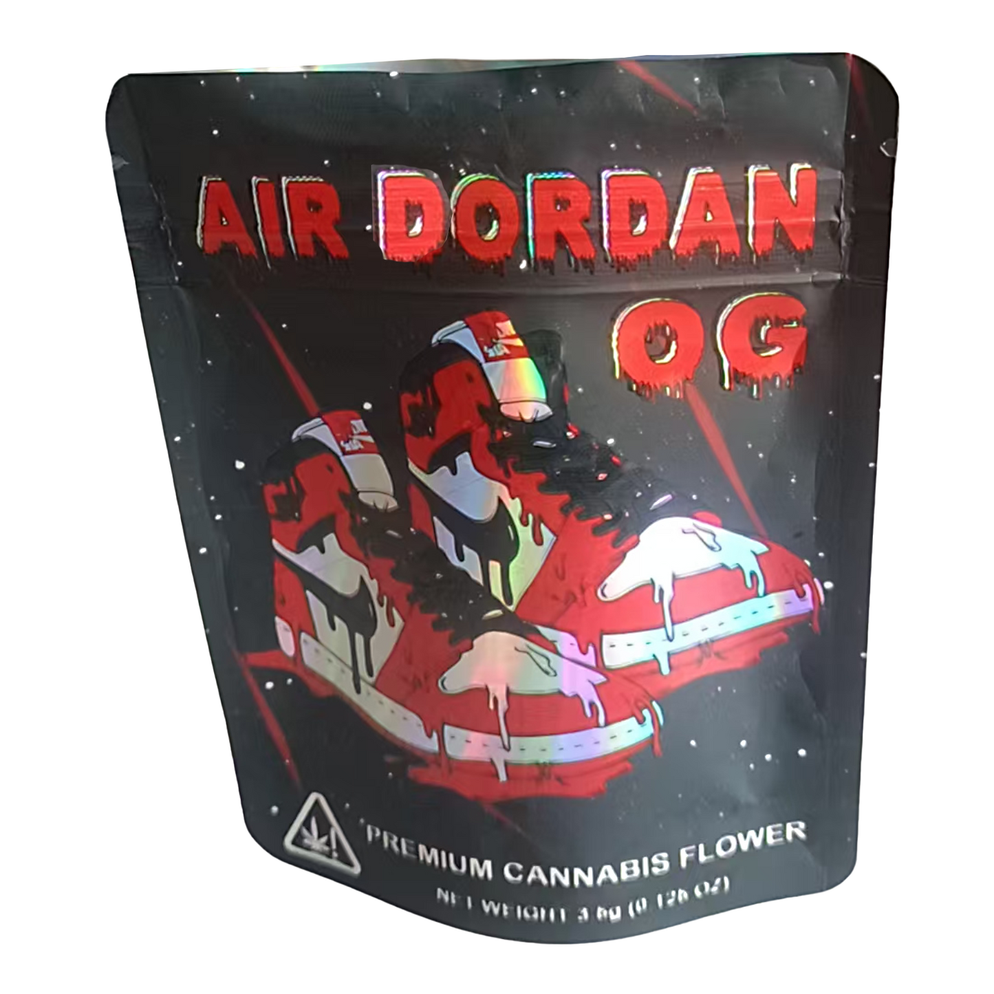 Mylar Bag Packaging for 'Air Dordan OG' premium cannabis flower with red and black design.