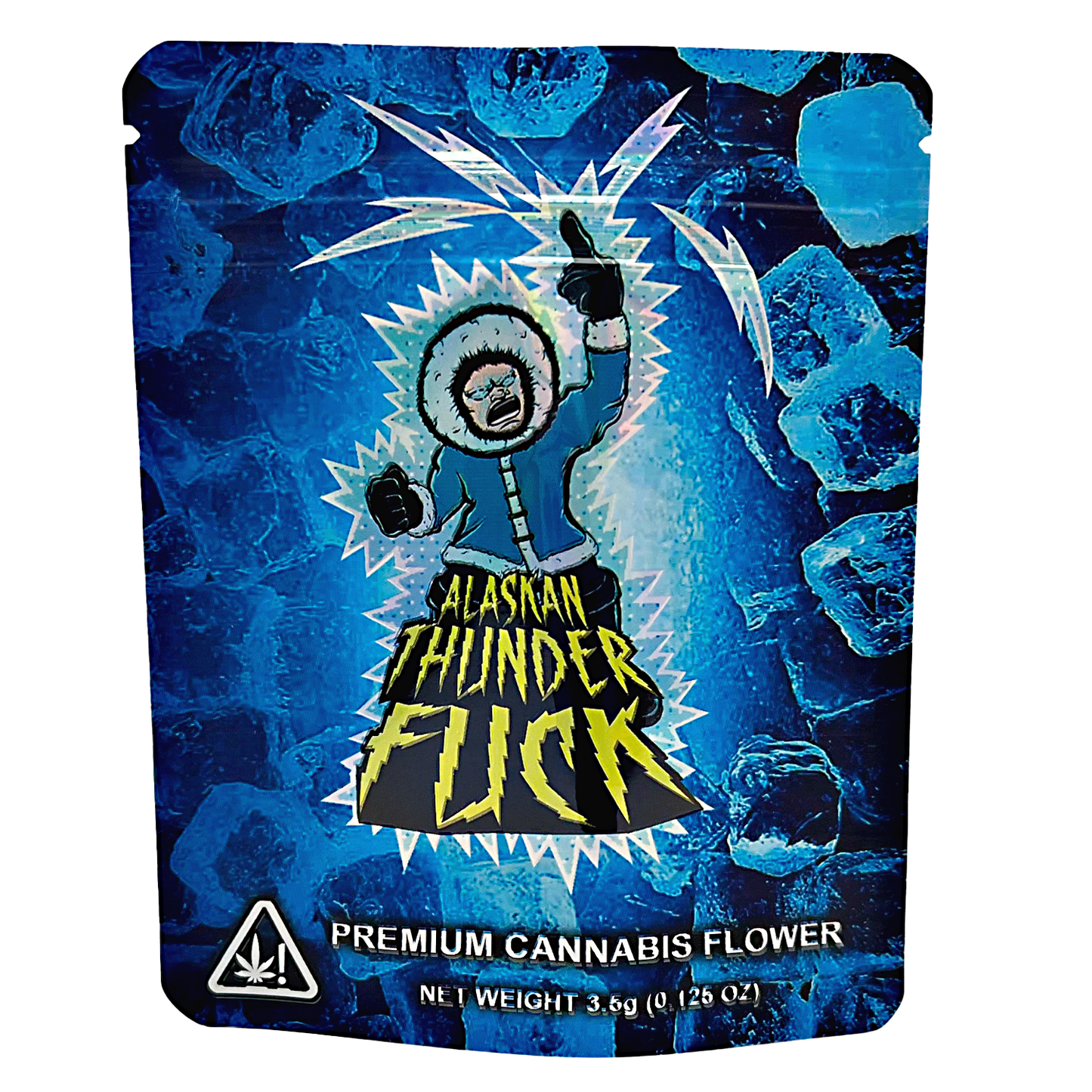 3.5G Mylar Bags, Cannabis Mylar Bags, Where to buy mylar bags, Custom mylar bags near me, Mylar Bags Wholesale. Alaskan Thunder Fuck cannabis flower packaging with blue background and character illustration.