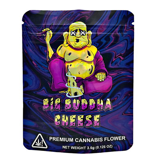 3.5G Mylar Bags, herb Mylar Bags, Where to buy mylar bags, Custom mylar bags near me, Mylar Bags Wholesale. Packaging of Big Buddha Cheese premium herb flower with colorful design and Buddha figure.