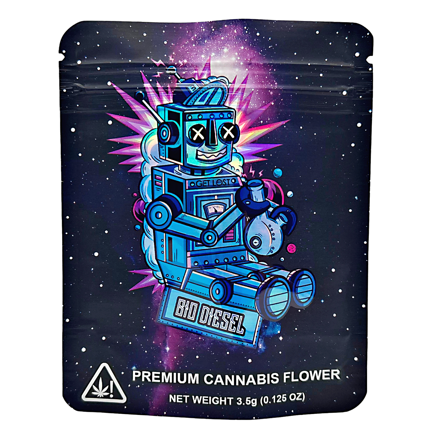 3.5G Mylar Bags, Cannabis Mylar Bags, Where to buy mylar bags, Custom mylar bags near me, Mylar Bags Wholesale. Cannabis flower packaging with a robot design on a dark background