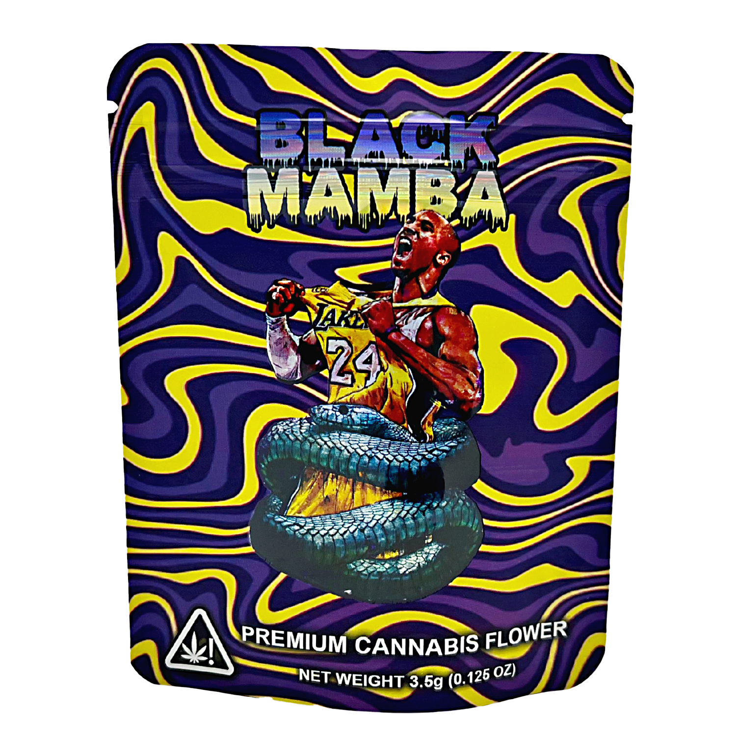 3.5G Mylar Bags, herb Mylar Bags, Where to buy mylar bags, Custom mylar bags near me, Mylar Bags Wholesale. Packaging of Black Mamba premium herb flower with a colorful design and image of a person holding a basketball.