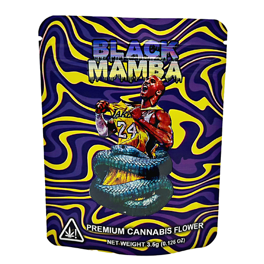 3.5G Mylar Bags, herb Mylar Bags, Where to buy mylar bags, Custom mylar bags near me, Mylar Bags Wholesale. Packaging of Black Mamba premium herb flower with a colorful design and image of a person holding a basketball.