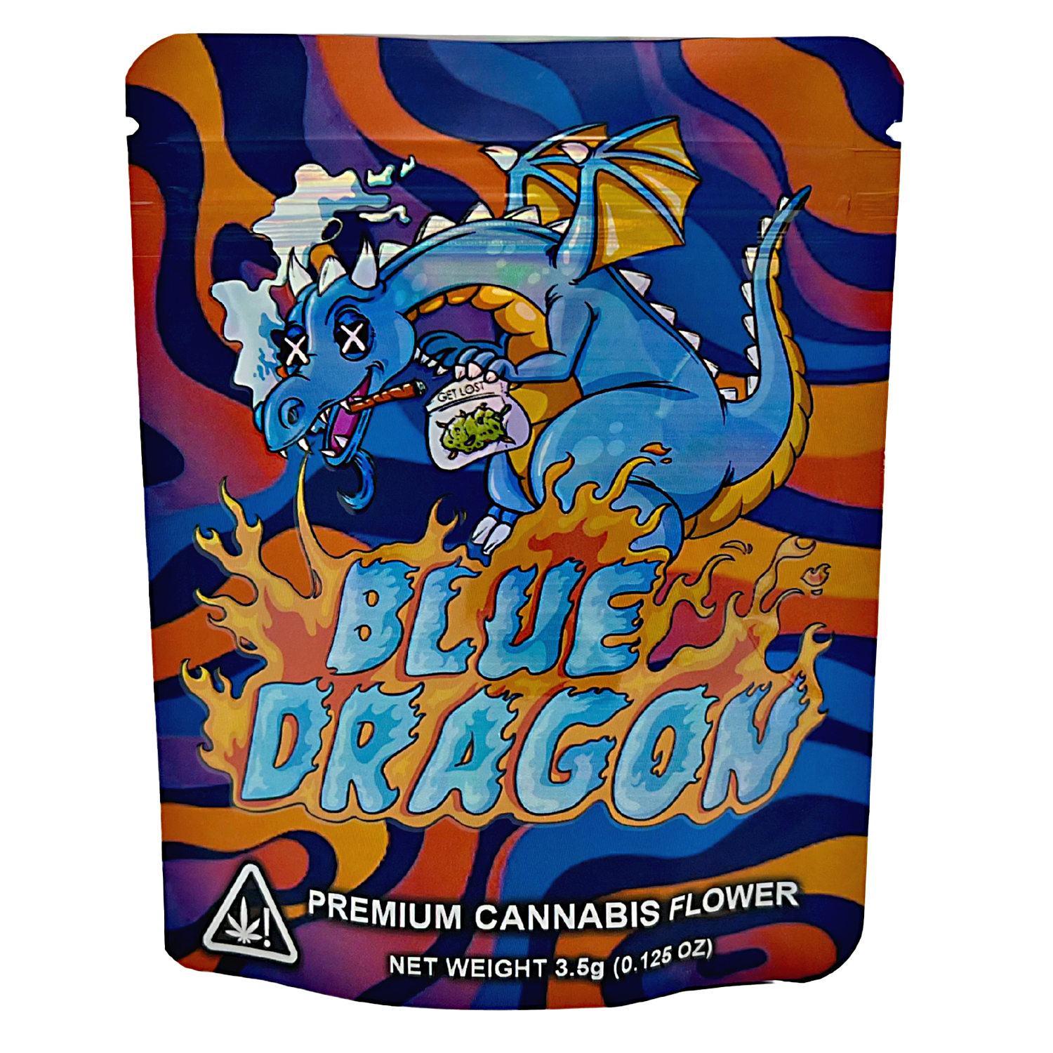 3.5G Mylar Bags, herb Mylar Bags, Where to buy mylar bags, Custom mylar bags near me, Mylar Bags Wholesale. Colorful packaging of Blue Dragon premium herb flower with a dragon illustration.