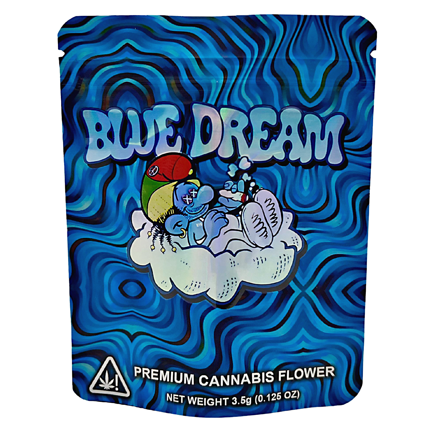 3.5G Mylar Bags, herb Mylar Bags, Where to buy mylar bags, Custom mylar bags near me, Mylar Bags Wholesale. Blue Dream premium herb flower packaging with wavy blue design and cartoon character.
