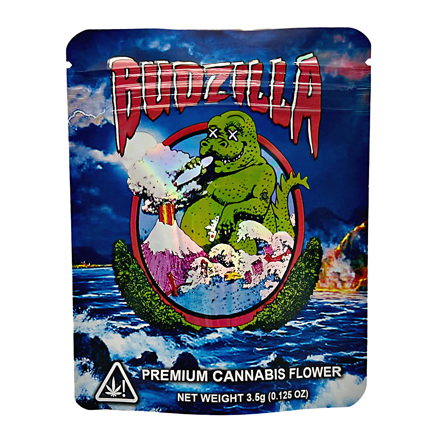3.5G Mylar Bags, herb Mylar Bags, Where to buy mylar bags, Custom mylar bags near me, Mylar Bags Wholesale. Budzilla packaging with a green creature smoking a cigarette against a blue sky background