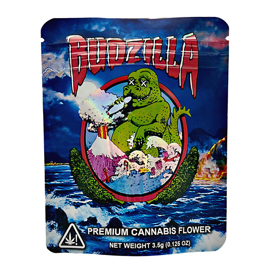 3.5G Mylar Bags, herb Mylar Bags, Where to buy mylar bags, Custom mylar bags near me, Mylar Bags Wholesale. Budzilla packaging with a green creature smoking a cigarette against a blue sky background