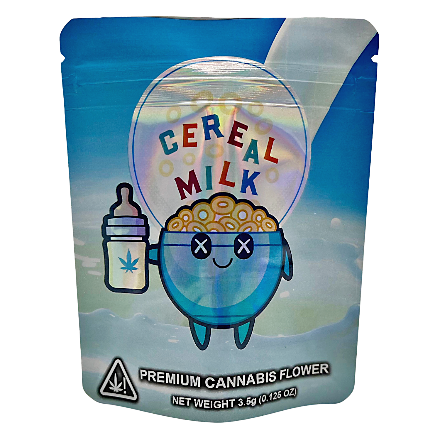 3.5G Mylar Bags, herb Mylar Bags, Where to buy mylar bags, Custom mylar bags near me, Mylar Bags Wholesale. herb product packaging with cartoon character holding a bottle labeled 'Cereal Milk' on a blue and white background.