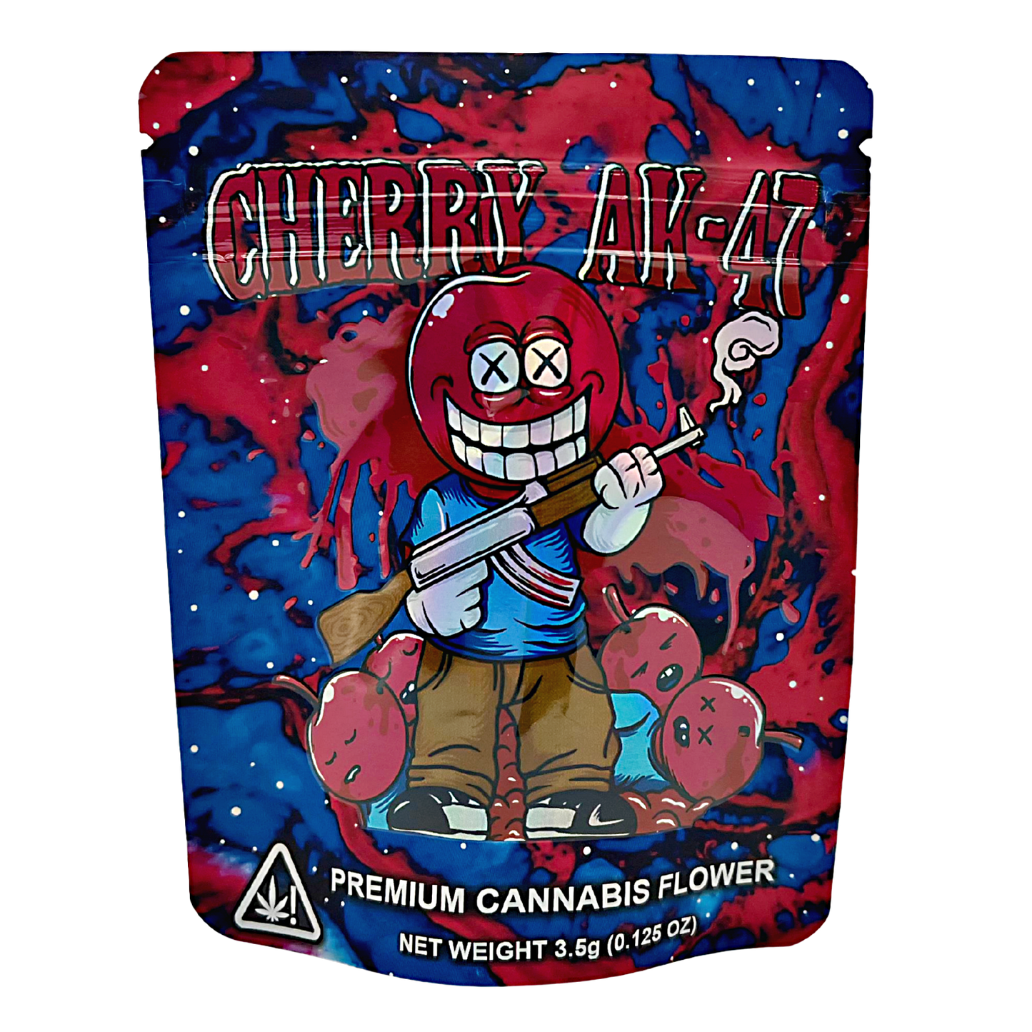 3.5G Mylar Bags, Cannabis Mylar Bags, Where to buy mylar bags, Custom mylar bags near me, Mylar Bags Wholesale. Cannabis flower packaging with cartoon character holding a gun on a blue and red background