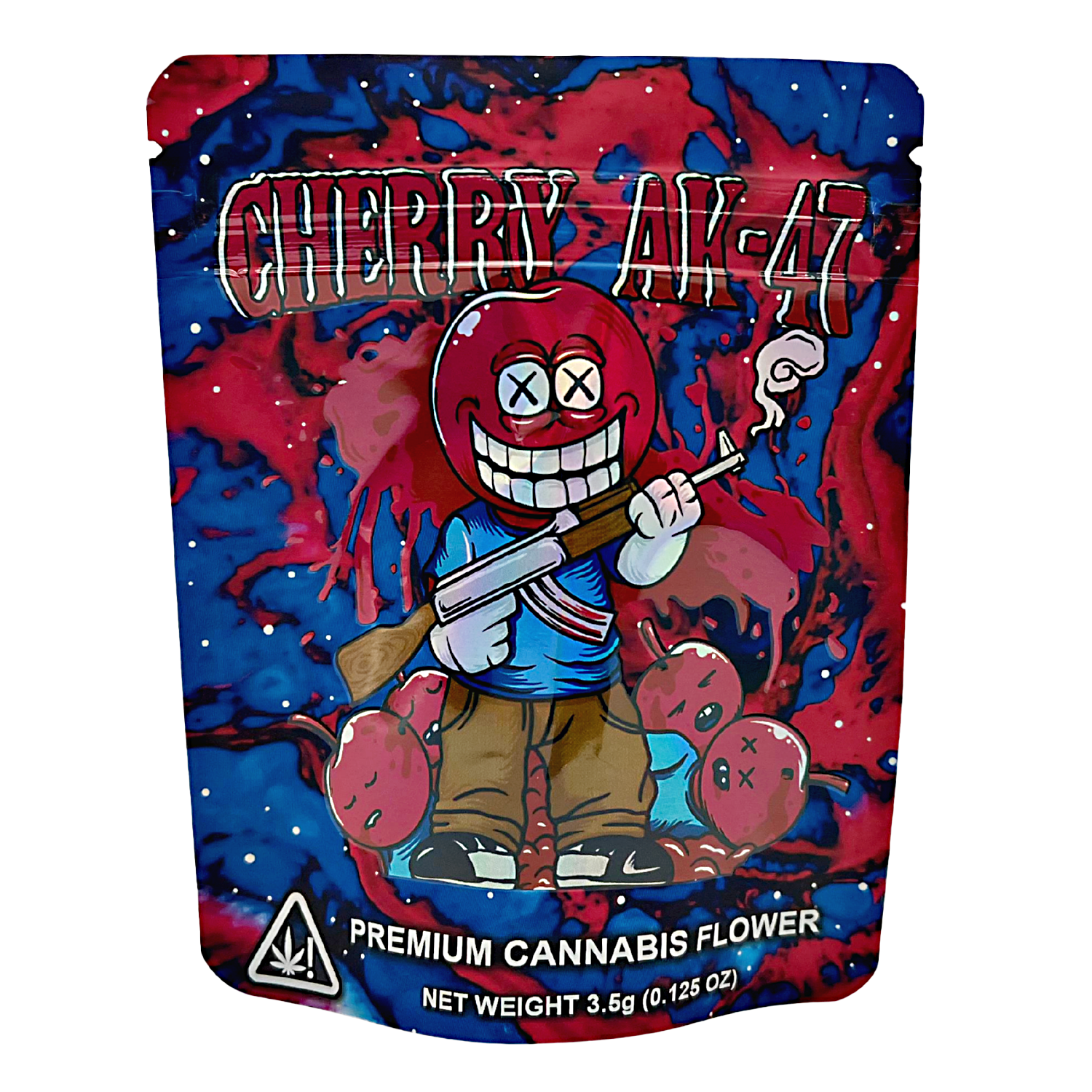 3.5G Mylar Bags, herb Mylar Bags, Where to buy mylar bags, Custom mylar bags near me, Mylar Bags Wholesale. herb flower packaging with cartoon character holding a gun on a blue and red background