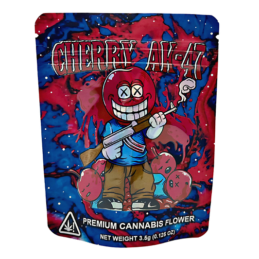 3.5G Mylar Bags, herb Mylar Bags, Where to buy mylar bags, Custom mylar bags near me, Mylar Bags Wholesale. herb flower packaging with cartoon character holding a gun on a blue and red background