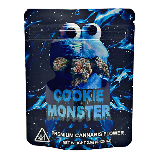 3.5G Mylar Bags, herb Mylar Bags, Where to buy mylar bags, Custom mylar bags near me, Mylar Bags Wholesale. Package of 'Cookie Monster' premium herb flower with blue and black design.