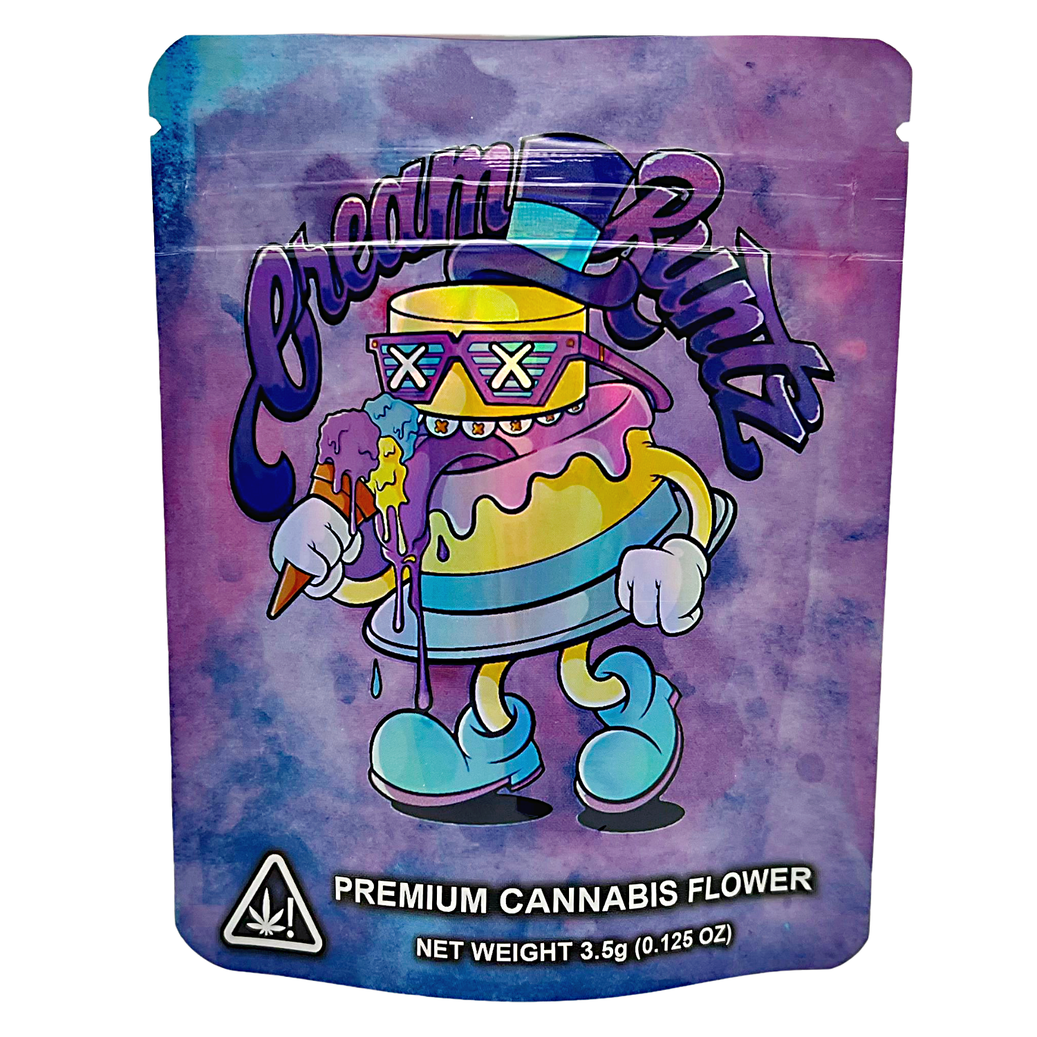 3.5G Mylar Bags, herb Mylar Bags, Where to buy mylar bags, Custom mylar bags near me, Mylar Bags Wholesale. Colorful packaging of 'Dreams & Roots' premium herb flower with cartoon character design.