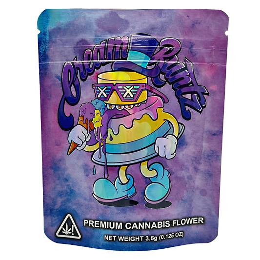 3.5G Mylar Bags, herb Mylar Bags, Where to buy mylar bags, Custom mylar bags near me, Mylar Bags Wholesale. Colorful packaging of 'Dreams & Roots' premium herb flower with cartoon character design.