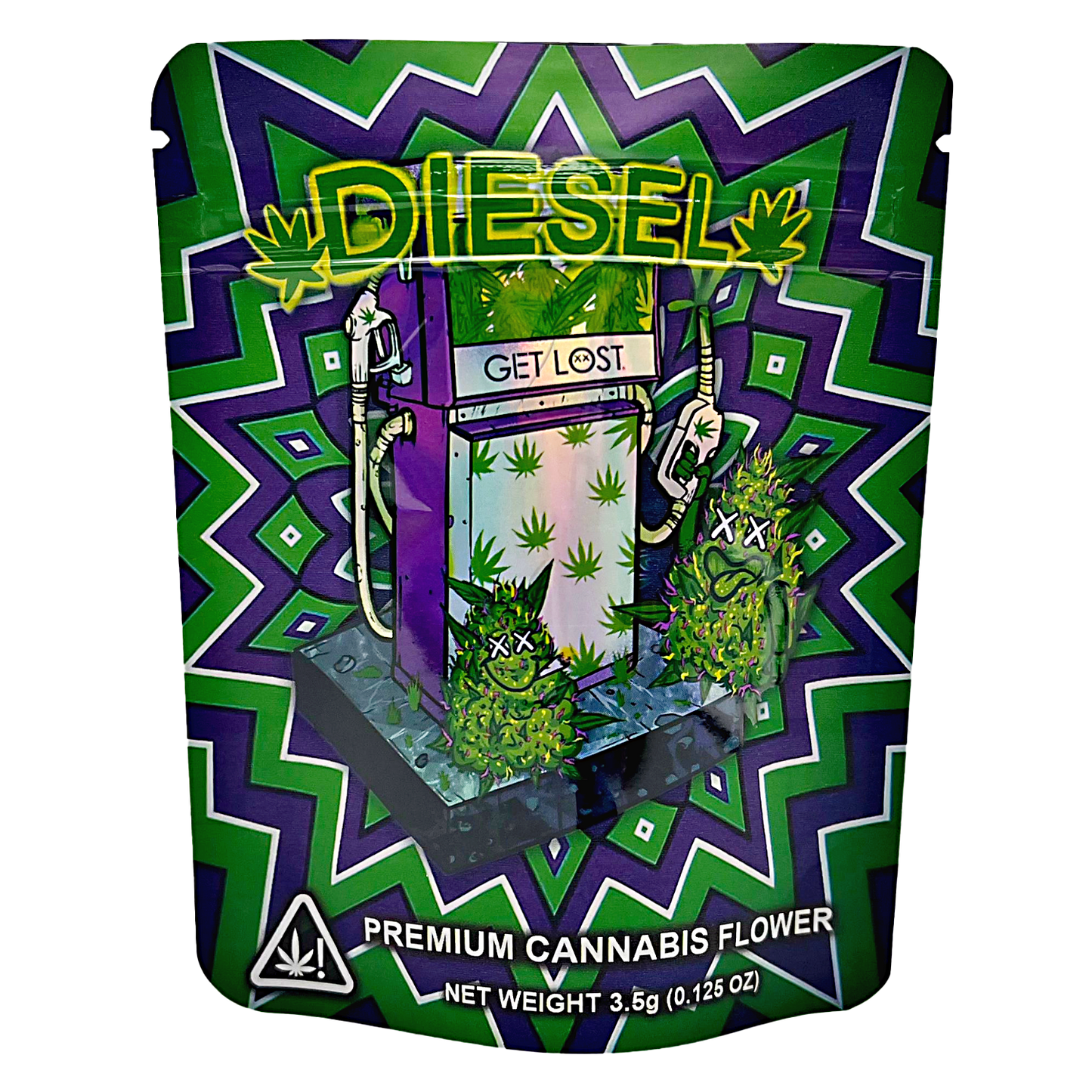 3.5G Mylar Bags, Cannabis Mylar Bags, Where to buy mylar bags, Custom mylar bags near me, Mylar Bags Wholesale. Packaged cannabis product with 'DIESEL' branding and green and purple design.