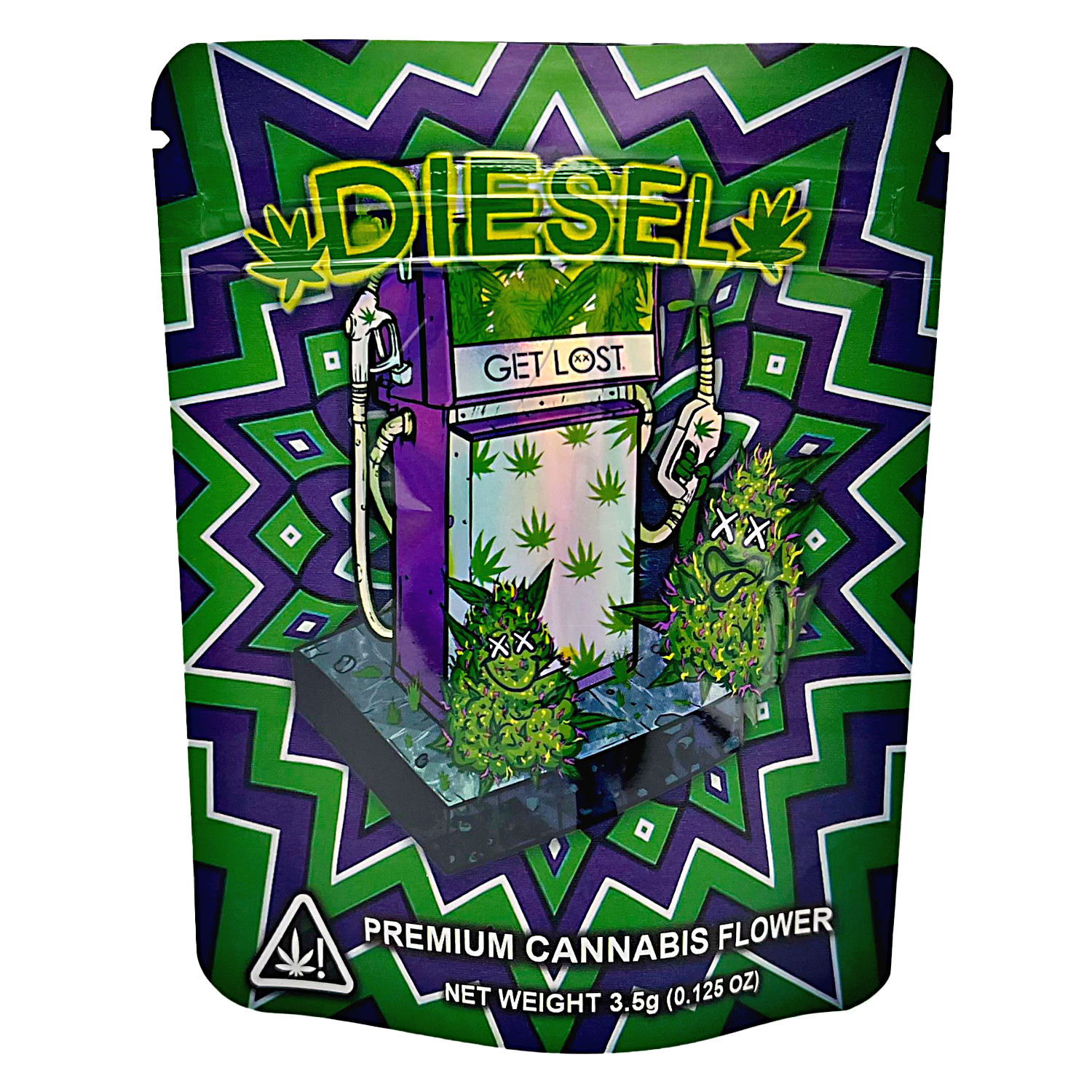 3.5G Mylar Bags, herb Mylar Bags, Where to buy mylar bags, Custom mylar bags near me, Mylar Bags Wholesale. Packaged herb product with 'DIESEL' branding and green and purple design.