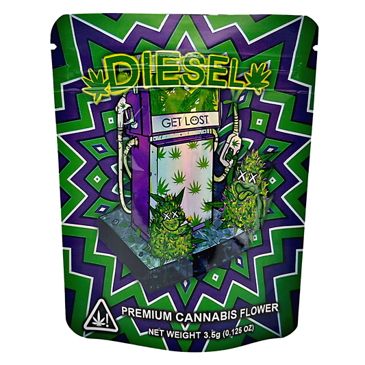 3.5G Mylar Bags, herb Mylar Bags, Where to buy mylar bags, Custom mylar bags near me, Mylar Bags Wholesale. Packaged herb product with 'DIESEL' branding and green and purple design.