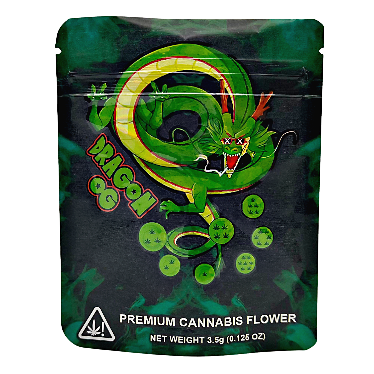 3.5G Mylar Bags, herb Mylar Bags, Where to buy mylar bags, Custom mylar bags near me, Mylar Bags Wholesale. Green herb packaging with a dragon design on a white background
