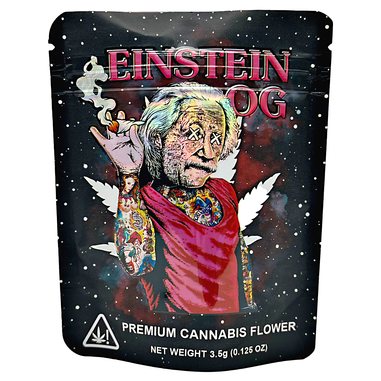 3.5G Mylar Bags, herb Mylar Bags, Where to buy mylar bags, Custom mylar bags near me, Mylar Bags Wholesale. Packaging of Einstein OG premium herb flower with a stylized portrait and space-themed design.