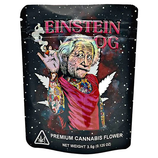 3.5G Mylar Bags, herb Mylar Bags, Where to buy mylar bags, Custom mylar bags near me, Mylar Bags Wholesale. Packaging of Einstein OG premium herb flower with a stylized portrait and space-themed design.