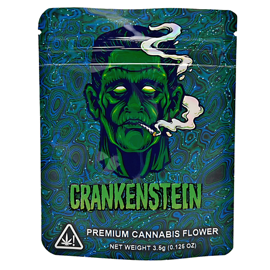 Mylar Bag Crankenstein premium herb flower packaging with a green zombie character on a blue and green patterned background.