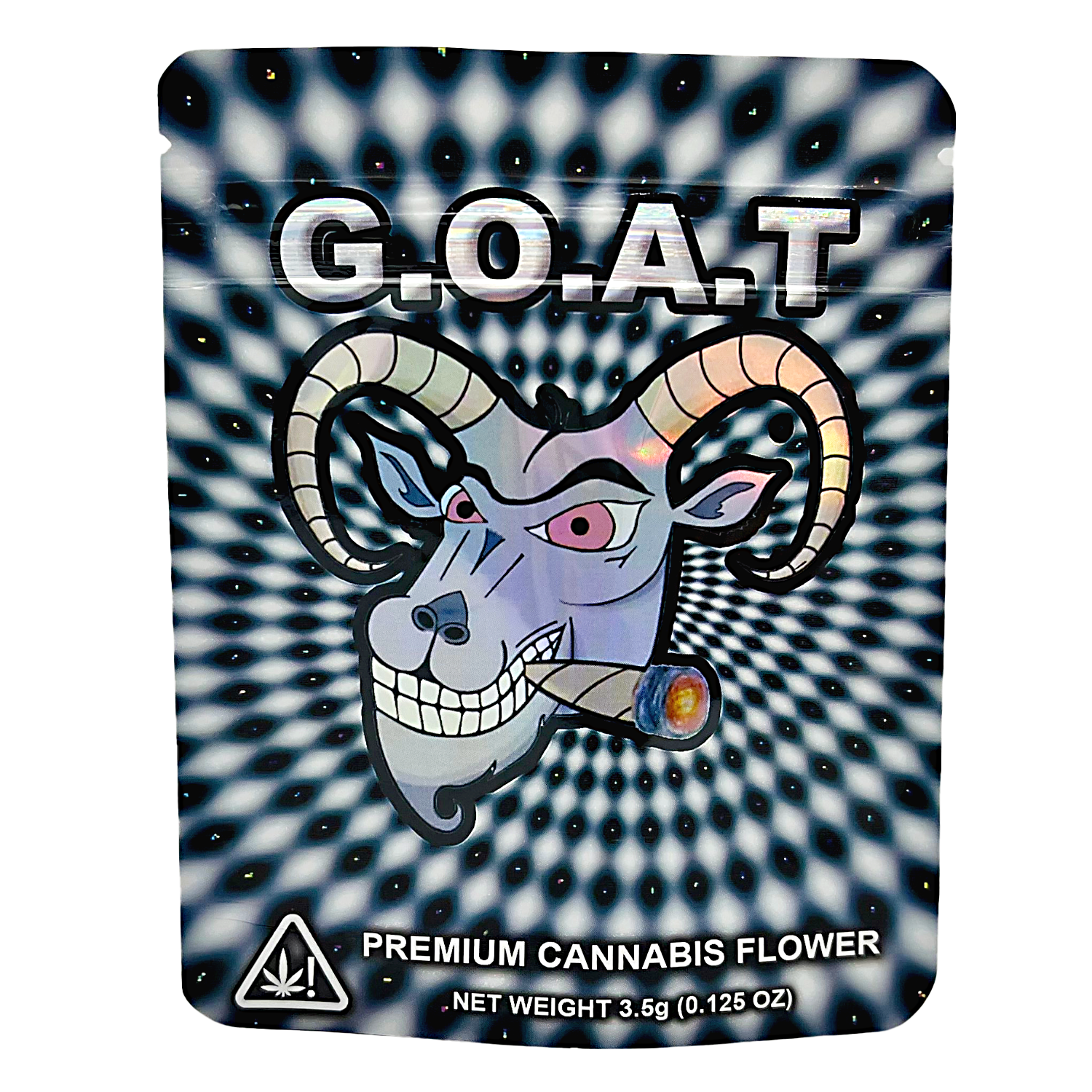 3.5G Mylar Bags, herb Mylar Bags, Where to buy mylar bags, Custom mylar bags near me, Mylar Bags Wholesale. G.L.O.A.T. premium herb flower packaging with a stylized goat face on a black and white patterned background.