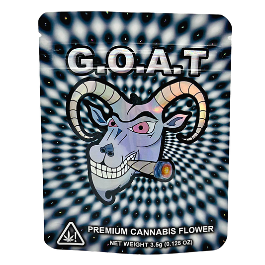 3.5G Mylar Bags, herb Mylar Bags, Where to buy mylar bags, Custom mylar bags near me, Mylar Bags Wholesale. G.L.O.A.T. premium herb flower packaging with a stylized goat face on a black and white patterned background.