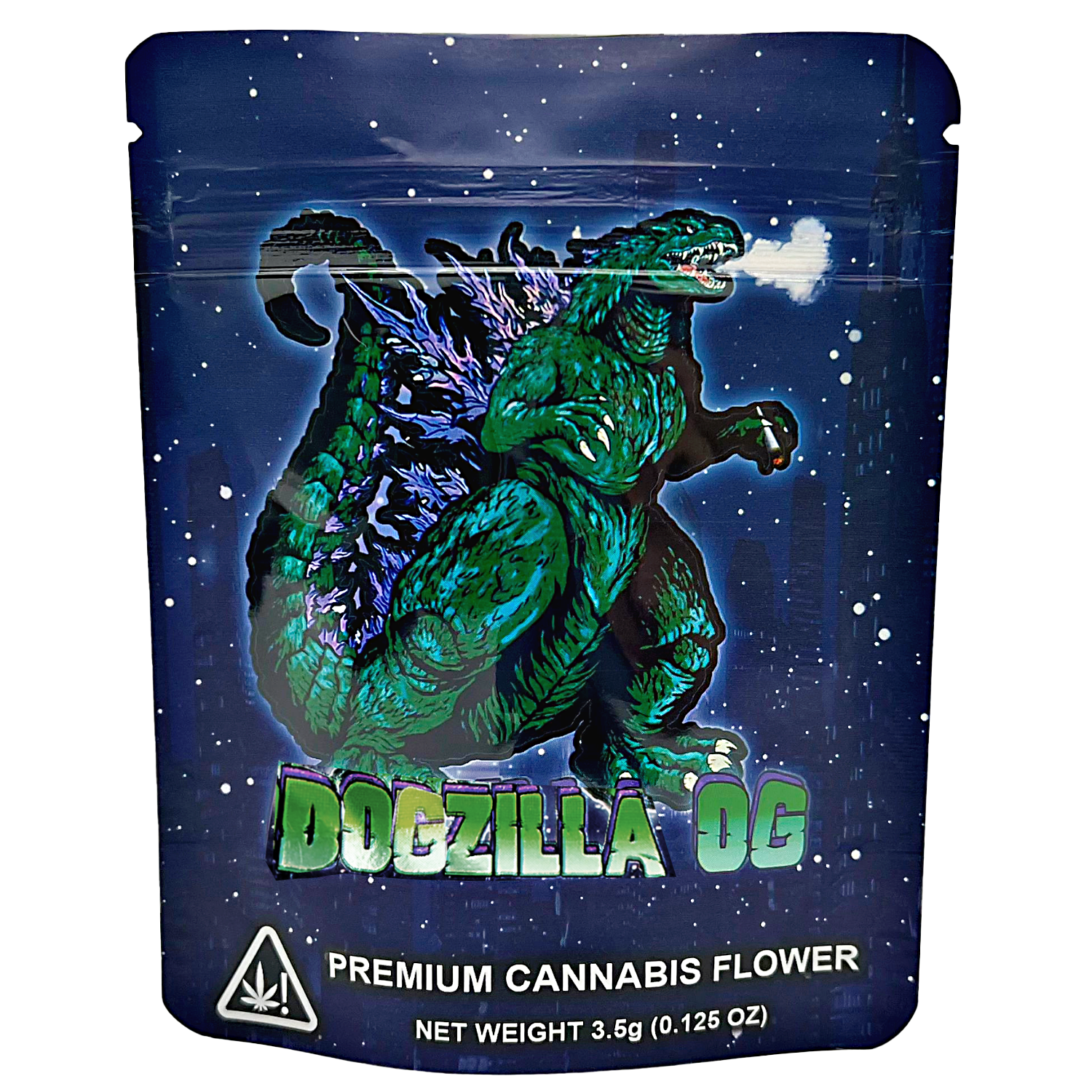 Mylar Bag herb packaging with a Godzilla-like creature design on a blue background