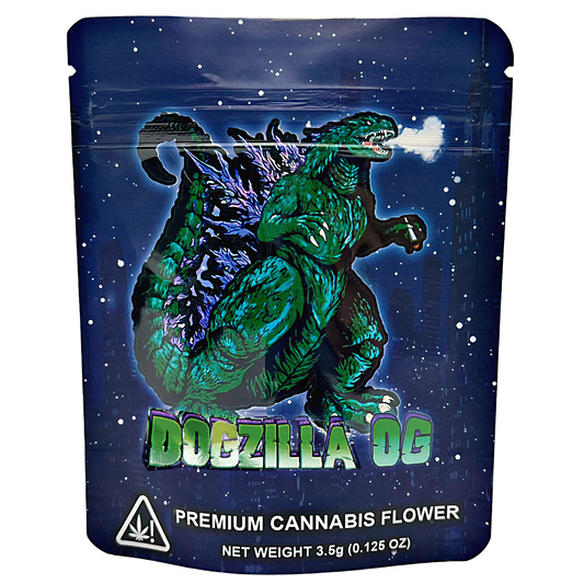 Mylar Bag herb packaging with a Godzilla-like creature design on a blue background
