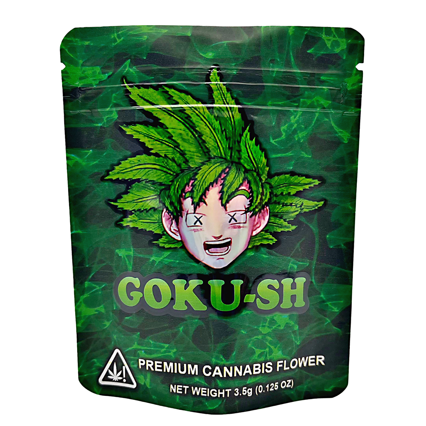 3.5G Mylar Bags, Cannabis Mylar Bags, Where to buy mylar bags, Custom mylar bags near me, Mylar Bags Wholesale. Green packaging of 'GOKU-SH' premium cannabis flower with a character design.