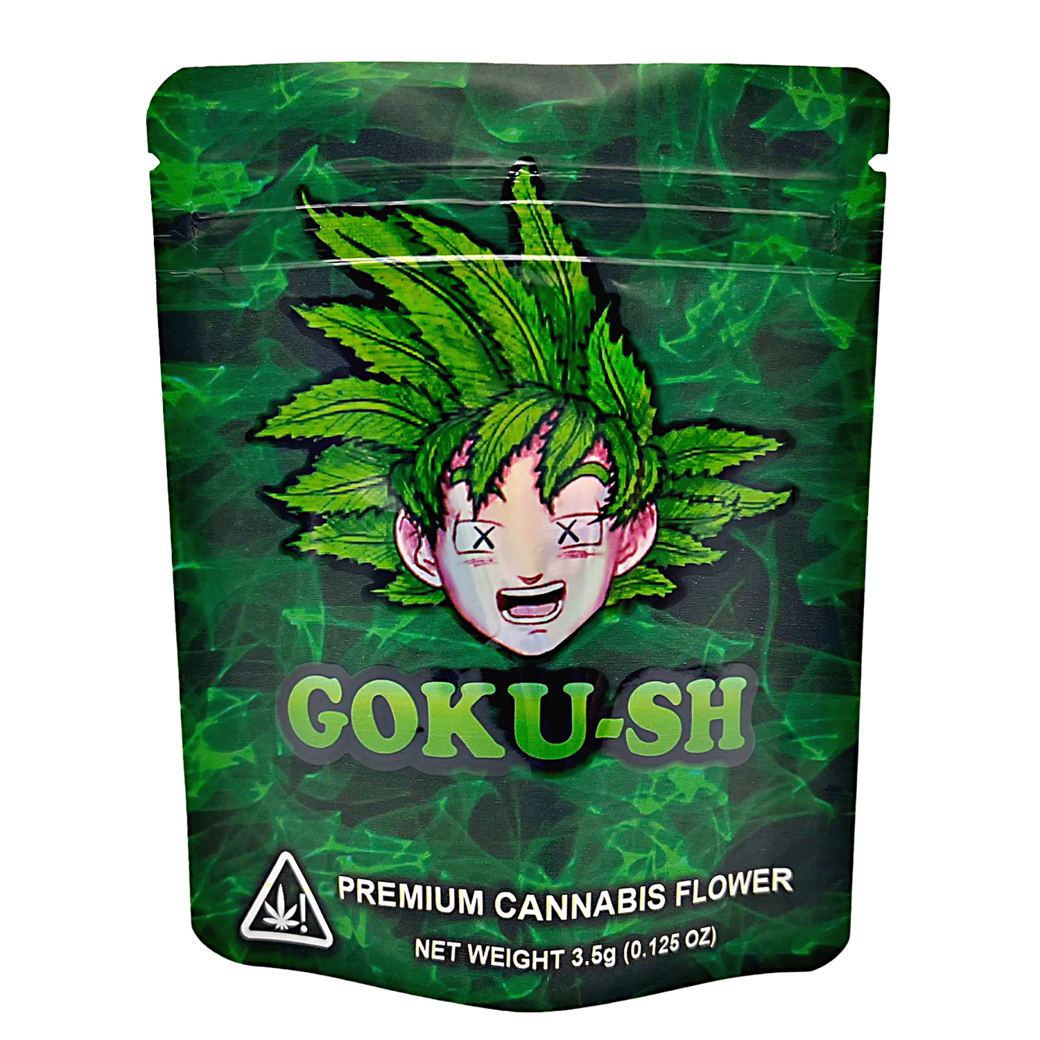 3.5G Mylar Bags, herb Mylar Bags, Where to buy mylar bags, Custom mylar bags near me, Mylar Bags Wholesale. Green packaging of 'GOKU-SH' premium herb flower with a character design.