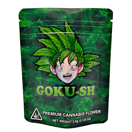 3.5G Mylar Bags, herb Mylar Bags, Where to buy mylar bags, Custom mylar bags near me, Mylar Bags Wholesale. Green packaging of 'GOKU-SH' premium herb flower with a character design.
