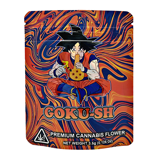 3.5G Mylar Bags, herb Mylar Bags, Where to buy mylar bags, Custom mylar bags near me, Mylar Bags Wholesale. herb packaging with an anime character holding a joint on a swirling orange and blue background.