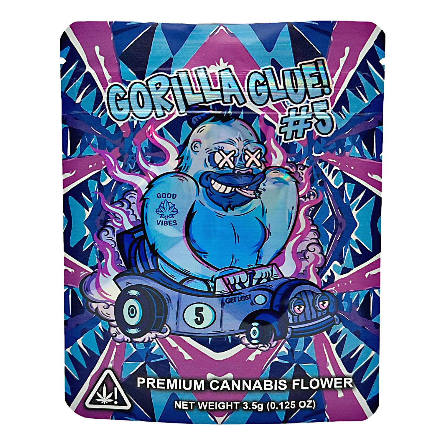 3.5G Mylar Bags, herb Mylar Bags, Where to buy mylar bags, Custom mylar bags near me, Mylar Bags Wholesale. Gorilla Glue #5 packaging with a cartoon gorilla character on a colorful background