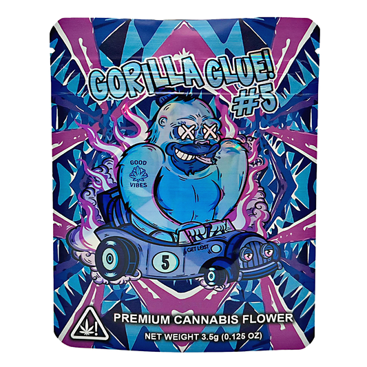 3.5G Mylar Bags, herb Mylar Bags, Where to buy mylar bags, Custom mylar bags near me, Mylar Bags Wholesale. Gorilla Glue #5 packaging with a cartoon gorilla character on a colorful background