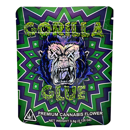 3.5G Mylar Bags, herb Mylar Bags, Where to buy mylar bags, Custom mylar bags near me, Mylar Bags Wholesale. Gorilla Glue packaging with a colorful design and gorilla graphic on a white background