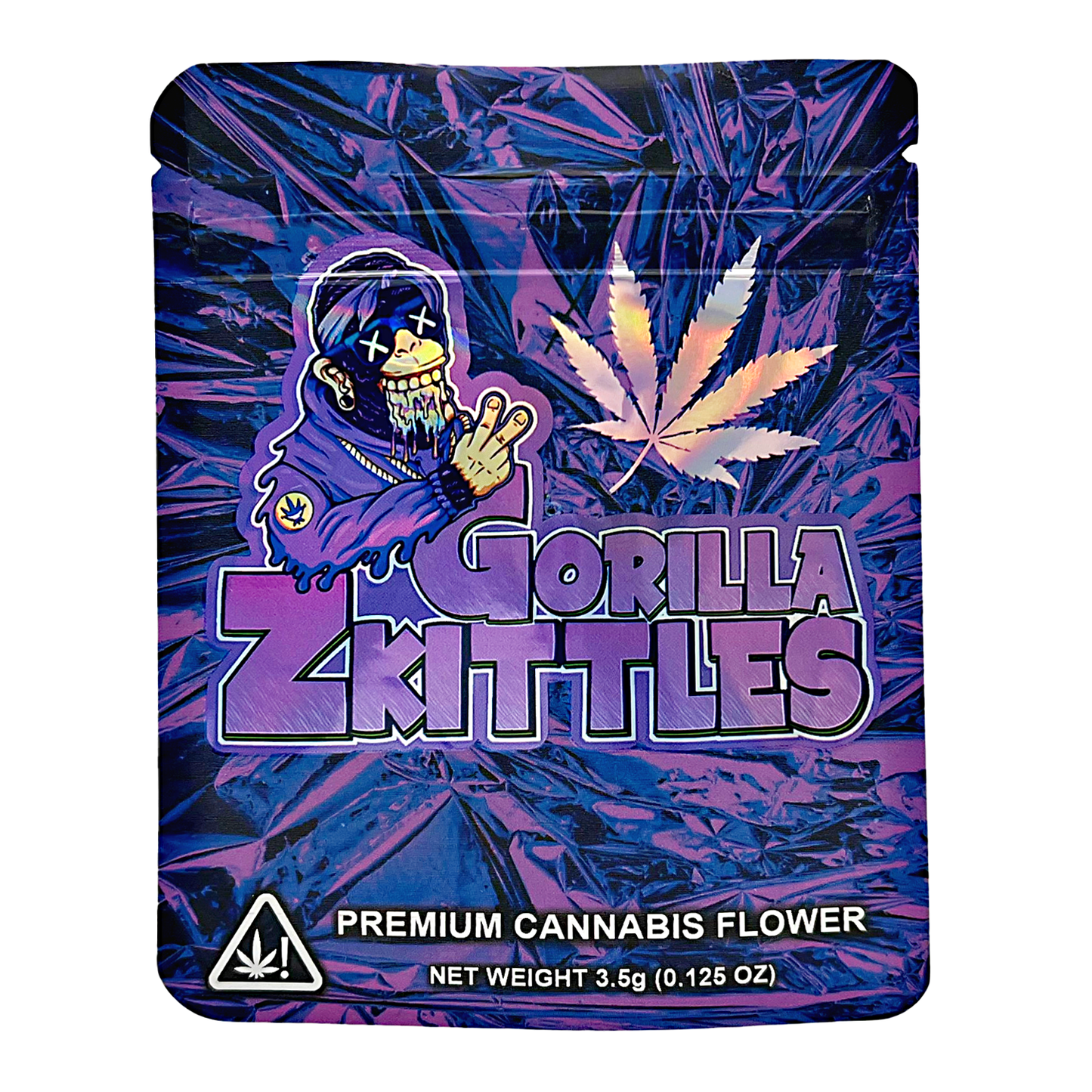 3.5G Mylar Bags, Cannabis Mylar Bags, Where to buy mylar bags, Custom mylar bags near me, Mylar Bags Wholesale. Gorilla Z Kittles cannabis packaging with a stylized character and cannabis leaf design.