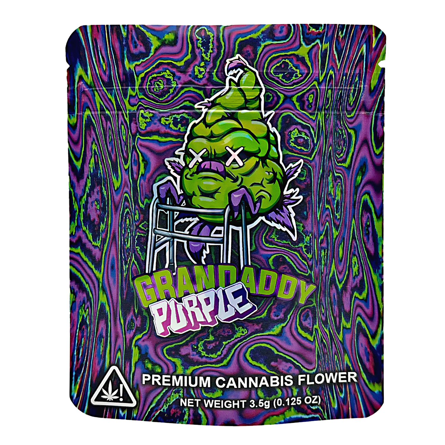 3.5G Mylar Bags, herb Mylar Bags, Where to buy mylar bags, Custom mylar bags near me, Mylar Bags Wholesale. Colorful packaging of Grandaddy Purple premium herb flower with abstract design
