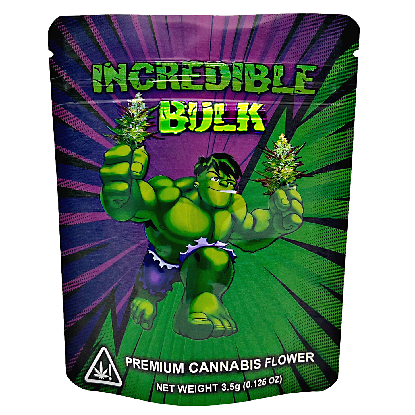 Mylar Bags Packaging of 'Incredible Bulk' premium cannabis flower with a green superhero character on a purple and green background.